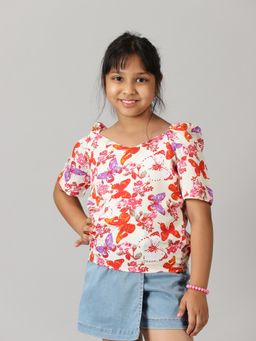 KiddoPanti - Multi-Color Girls Polyester Ruched Sleeve Short Top