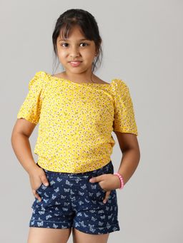 KiddoPanti - Yellow Girls Polyester Ruched Sleeve Short Top