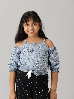 KiddoPanti - Blue Girls Polyester Strappy Cold Shoulder Top