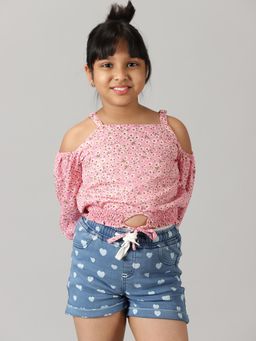 KiddoPanti - Pink Girls Polyester Strappy Cold Shoulder Top
