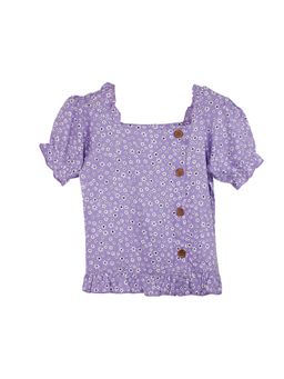 KiddoPanti - Lavender Girls Rayon Short Printed Top With Puff Sleeve