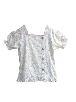 KiddoPanti - Blue Girls Rayon Short Printed Top With Puff Sleeve