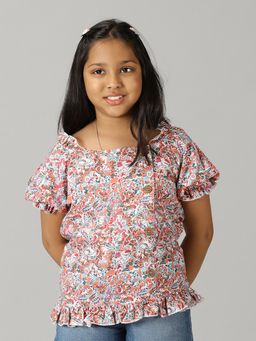 KiddoPanti - White Girls Rayon Short Printed Top With Puff Sleeve