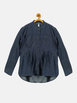 KiddoPanti - Indigo Girls Cotton Full Sleeve Dobby Shirt With Pleated Bottom
