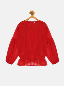 KiddoPanti - Red Girls Polyester Balloon Sleeve Elasticated Hem Top