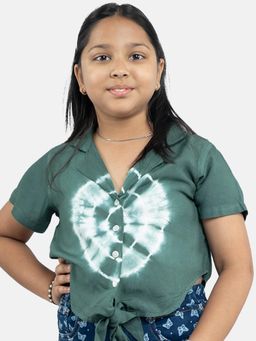 KiddoPanti - Green Girls Rayon Tie Up Tie And Die Printed Shirt Top