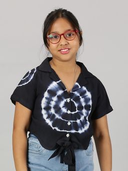 KiddoPanti - Navy Blue Girls Rayon Tie Up Tie And Die Printed Shirt Top
