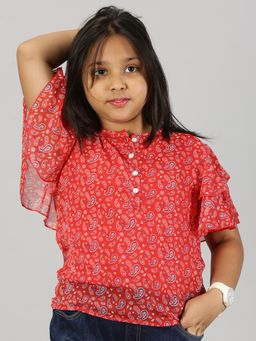 KiddoPanti - Red Girls Polyester Frill Layered Sleeve Top