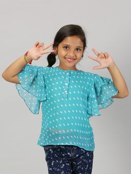 KiddoPanti - Green Girls Polyester Frill Layered Sleeve Top