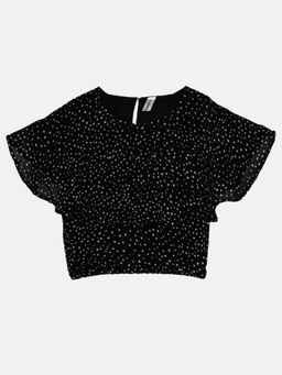 KiddoPanti - Black Girls Polyester Crop Top With Yoke Frill Layer