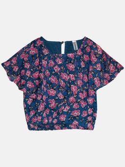 KiddoPanti - Blue Girls Polyester Crop Top With Yoke Frill Layer