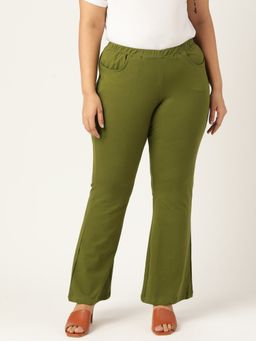 theRebelinme - Plus Size Womens Olive Green Solid Color Elastic Waist Cotton Knitted Trouser