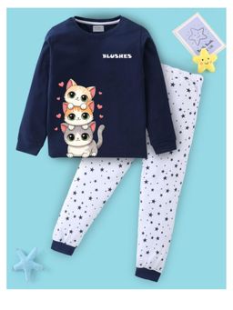 BLUSHES - Unisex Cotton Cat Graphic Printed Sweatshirt and Joggers -Navy Blue