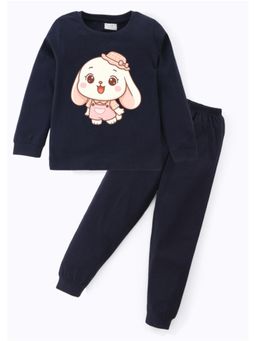 BLUSHES - Unisex Cotton Teddy Graphic Printed Sweatshirt and Joggers -Navy Blue