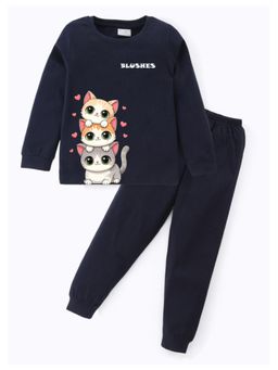 BLUSHES - Unisex Cotton Cat Graphic Printed Sweatshirt and Joggers -Navy Blue