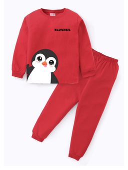 BLUSHES - Unisex Cotton Penguin Graphic Printed Sweatshirt and Joggers -Red