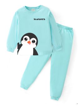 BLUSHES - Unisex Cotton Penguin Graphic Printed Sweatshirt and Joggers -Sea Blue