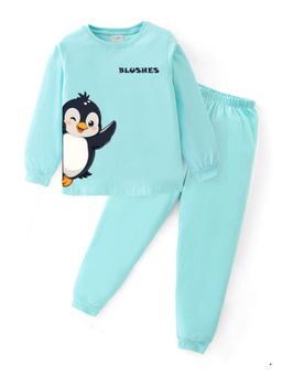 BLUSHES - Unisex Cotton Penguin Graphic Printed Sweatshirt and Joggers -Sea Blue