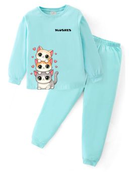 BLUSHES - Unisex Cotton Cat Graphic Printed Sweatshirt and Joggers -Sea Blue