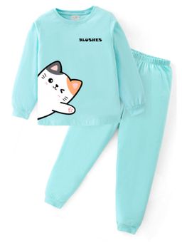 BLUSHES - Unisex Cotton Cat Graphic Printed Sweatshirt and Joggers - Sea Blue