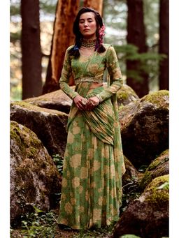 Paulmi & Harsh - Fern Green Rose Print Pre Draped Saree with Stitched Blouse