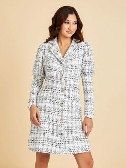 Styli - White Long Sleeves Tweed Blazer Knee Length Dress
