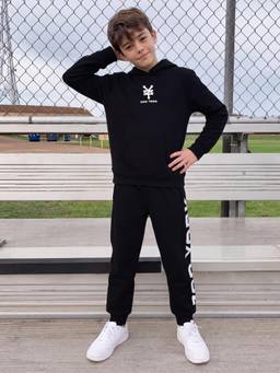 Lil Tomatoes - Boys Cotton Fleece Knit Hoodie Typography Print Winter Track Suits- Black