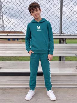 Lil Tomatoes - Boys Cotton Fleece Knit Hoodie Typography Print Winter Track Suits- Teal