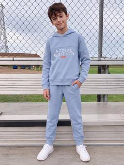Lil Tomatoes - Boys Cotton Fleece Knit Hoodie Typography Print Winter Track Suits- Blue