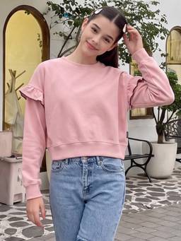 Lil Tomatoes - Girls Cotton Looper Solid Winter Boxy Sweatshirt- Coral