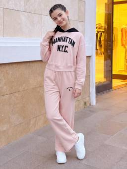 Lil Tomatoes - Girls Cotton Fleece Knit Hoodie Typography Winter Tracksuit- Coral