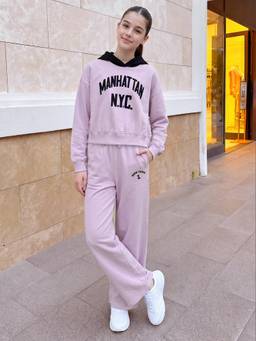 Lil Tomatoes - Girls Cotton Fleece Knit Hoodie Typography Winter Tracksuit- Lilac