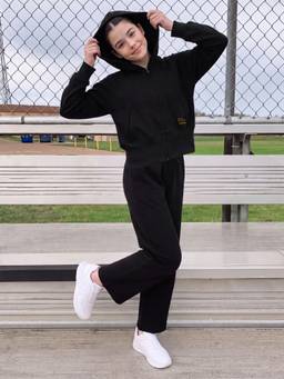 Lil Tomatoes - Girls Cotton Fleece Knit Hoodie Print Winter Track Suits- Black