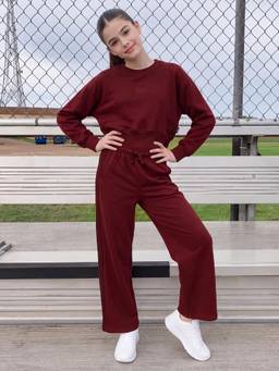 Lil Tomatoes - Girls Cotton Fleece Knit Sweatshirt Typography Winter Tracksuit- Burgundy