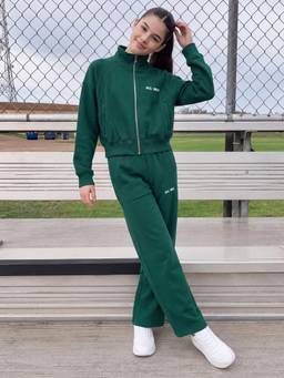 Lil Tomatoes - Girls Cotton Fleece Knit Typography Winter Tracksuit- Bottle Green