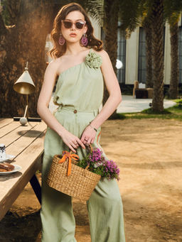 IKI CHIC - Pastel Green Tie Up Top with High Waisted Side Striped Pants (Set of 2)