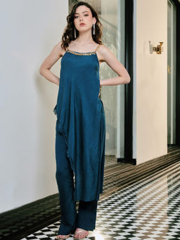 IKI CHIC - Teal Asymmetric Chain Strapped Top with High Waisted Pants (Set of 2)