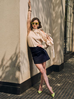 IKI CHIC - Off White Cut Out Sleeves Top and Denim Skorts (Set of 2)