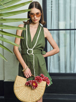 IKI CHIC - Green Collared Sleeveless Mini Dress with A Buckle Belt (Set of 2)