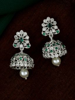 Estele - Rhodium Plated CZ Intricate Jhumki Earrings with Pearls and Crystals for Women
