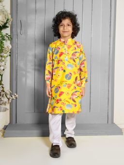 Mini Stitch - Muslin Cotton Full Sleeves Digital Printed Kurta & Pyjama- Yellow