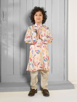 Mini Stitch - Muslin Cotton Full Sleeves Digital Printed Kurta & Pyjama - Cream