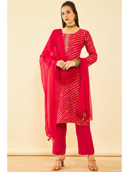 Soch - Womens Red Cotton Leheriya Print Unstitched Dress Material (Set of 3)