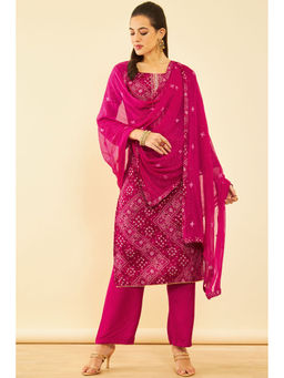 Soch - Womens Pink Cotton Bandhani Print Unstitched Dress Material (Set of 3)