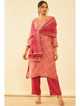 Soch - Womens Peach Cotton Bandhani Print Unstitched Dress Material (Set of 3)