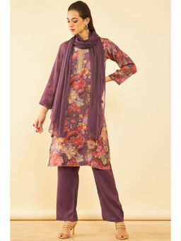 Soch - Womens Wine Cotton Floral Print Unstitched Dress Material (Set of 3)