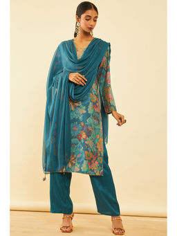 Soch - Womens Teal Cotton Floral Print Unstitched Dress Material (Set of 3)