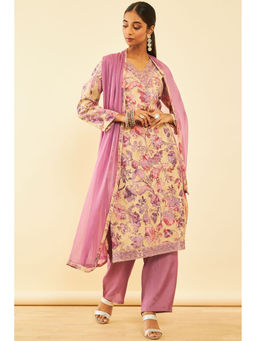 Soch - Womens Onion Pink Cotton Floral Print Unstitched Dress Material (Set of 3)