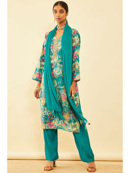 Soch - Womens Teal Cotton Floral Print Unstitched Dress Material (Set of 3)