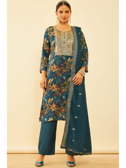 Soch - Womens Teal Cotton Embroidered Unstitched Dress Material (Set of 3)